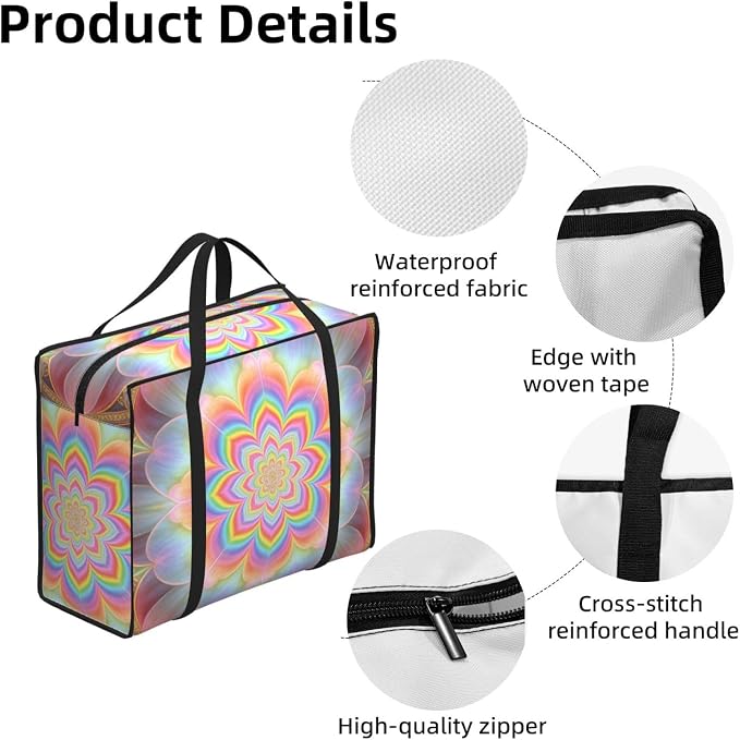 Heavy Duty Clothes Storage Bags Pastel Petal Mandala Fractal, 48.7L Moving Totes with Reinforced Handles for Bedroom and Closet Organization