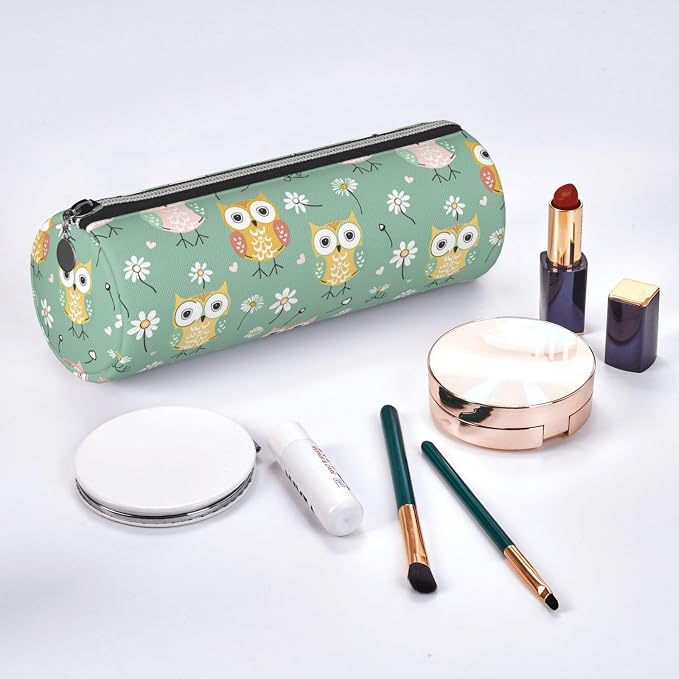 OSAM SPACE Leather Pencil Case Round Pencil Bag Cute Owl Floral Pen Organizer Holder Portable Zipper Pouch Cute School Supplies for Girls Boys Study Office
