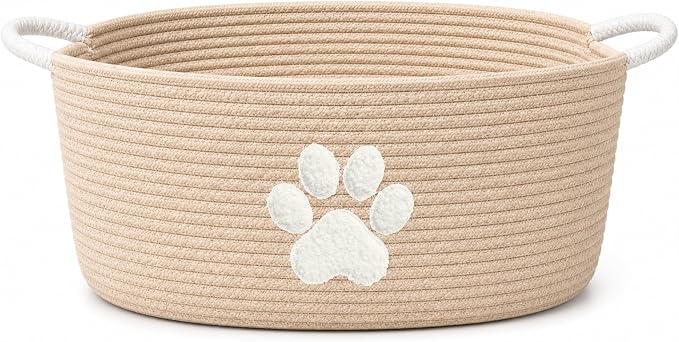 Dog Toy Basket with Handles, Boho Cotton Rope Storage Bin Organizer | Warm boho dog toy organizer, natural woven look. Holds toys, blankets & leashes. Machine washable, collapsible rope bin