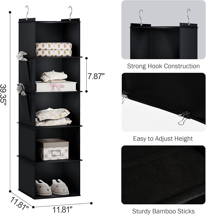 YOUDENOVA Hanging Closet Organizer and Storage for Clothes, 5-Shelf, Black | Locker/RV/Camper Organizer, 2 Side Pockets, Hanging Shelves for Small Closet, Dorm Room Essentials for Guys, Non-woven Fabric