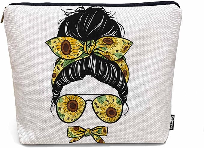 Women Makeup Organizer Bag Sunflower Woman, Messy Bun Woman Sunflowers Glasses Flax Cosmetic Bag Makeup Bags Toiletry Bag Accessories Organizer Travel Bags For Home Bathroom Office Hotel Gym