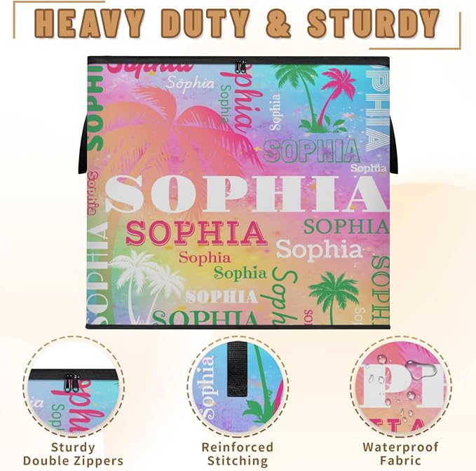 Custom Extra Large Storage Baskets Name with Lid, Green Pink Tropical Palm Tree Personalized Storage Bins Boxes Handles for Clothes Blanket Bedroom Closet Shelves, Painted Blue Pink Background
