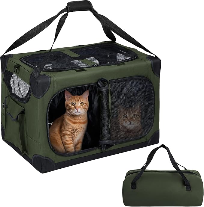 Extra Large 2-Cat Foldable Pet Travel Carrier,24"x17"x17",Green | Removable Divider, Metal Frame Support, Breathable Mesh Panels, With Storage Tote & Padded Straps