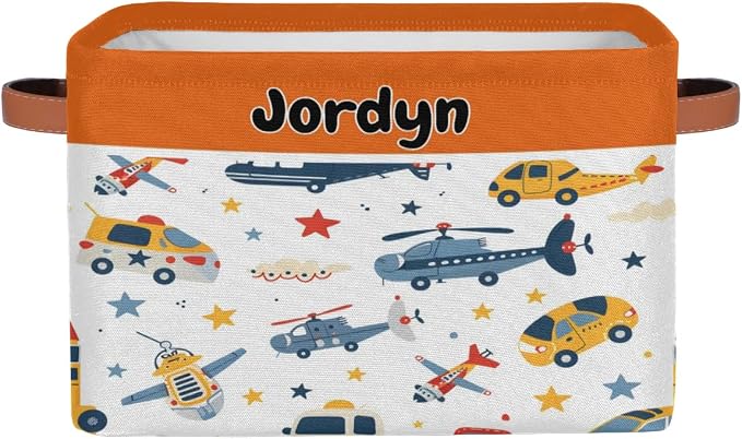 Personalized Storage Basket with Name, Rectangle Toys Storage Bin with Handles for Baby, Boys, Girls, Collapsible Basket for Clothes, Books, Cartoon Planes Car Taxi