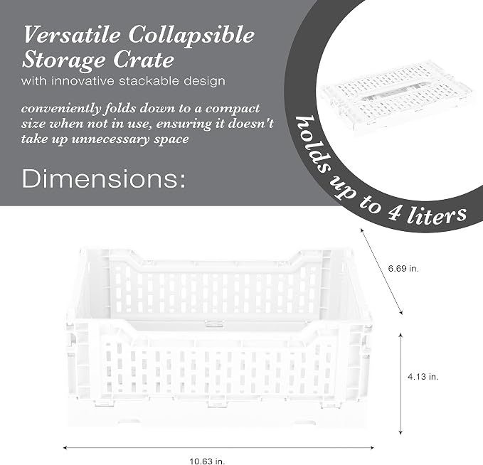 Simplify 4LT Collapsible Storage Crate | Small | Foldable | Stackable | Plastic Bin | Home Organization | Dorm | Office | Crafts | Shelf | White