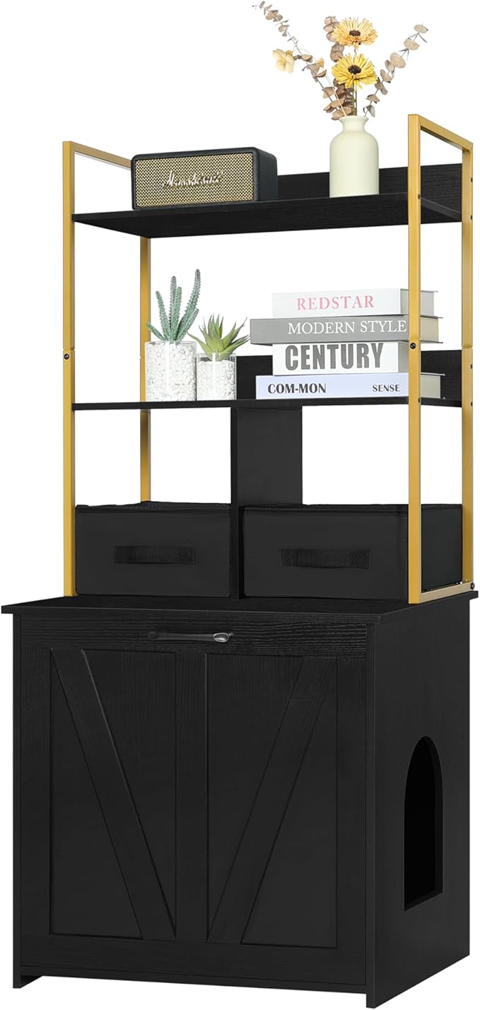 Dwanton Cat Litter Box Enclosure, 2 Storage Shelves and 2 Drawers, 50" H | 2-in-1 Hidden Cat Litter Box Enclosure Furniture with Shelf, Metal Frame, Reversible Entrance, Washable Drawers, Black+Gold