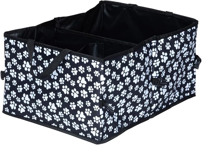 GreaterGood Collapsible Paw Print Car Trunk Organizer with 6 Pockets Truck SUV and Sedan Caddy With Compartment Vehicle Storage Container (Paws Galore - Black & White)