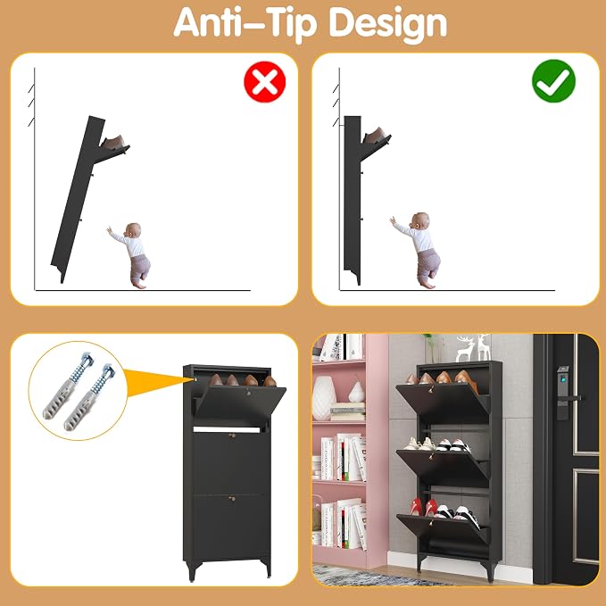 Shoe Cabinet with 3 Flip Drawers, Narrow Shoe Storage Cabinet, Farmhouse Shoe Organizer, Freestanding Organizer with Metal Legs for Entryway, Foyer (Black, Narrow 3-Door)