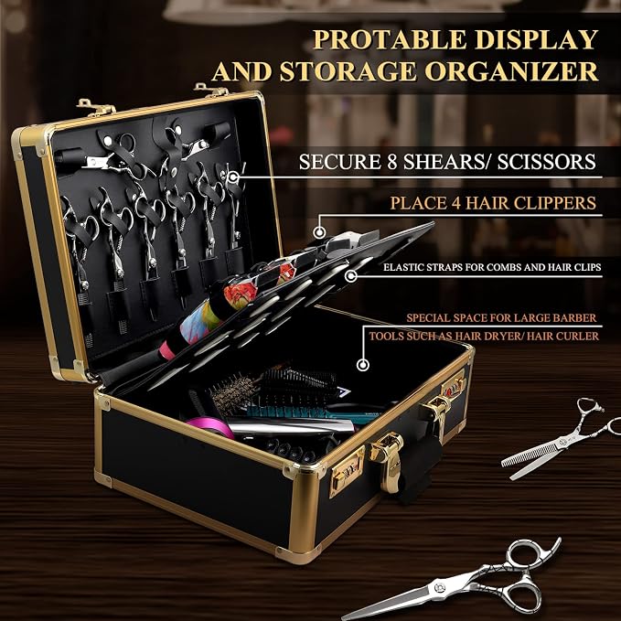 Barber Case Clipper Bag Gold, Hair Kit Tool Box Aluminum Organizer with Portable Handle and Secure Numlock for Scissors, Clippers, Barber Supplies 15.7" x 12" x 6.1"