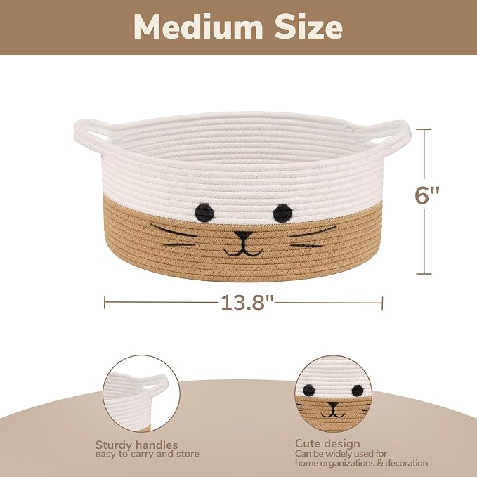 Medium Woven Rope Cat Toy Basket with Cat Face, White Jute | 13.8" x 6" Cat Toy Storage Bin for Living Room & Nursery, Pet Gift Basket Empty with Sturdy Handles, Cozy Cats Bed