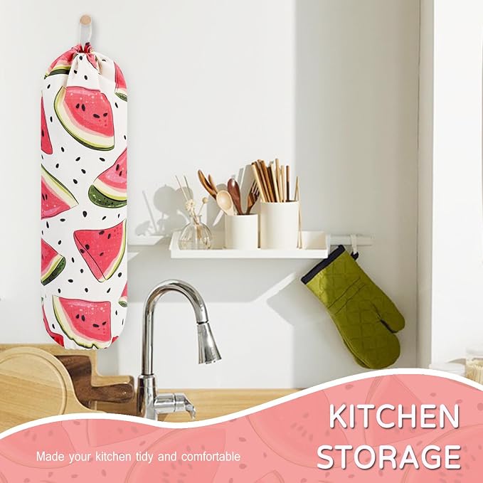 Plastic Bag Holder, Reusable Grocery Bag Holder for Plastic Bags Groceries Store, Flower Canvas Trash Plastic Bag Organizer Storage Holders for Home Kitchen Pantry Decor (Cute Watermelon)