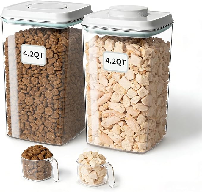 Dog-Cat Food Storage Containers 2 Pack, 4.2 Qt Each, Airtight | Two clear 4 L/4.2 Qt canisters with one-push airtight lids; includes two 130 ml scoops; BPA-free and stackable.