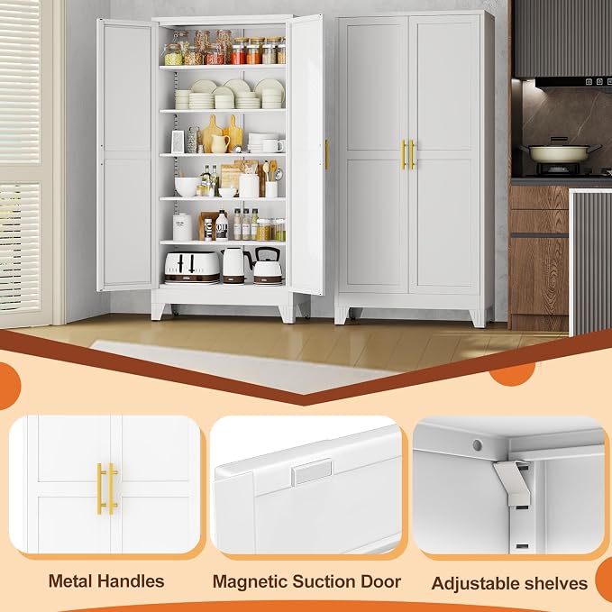 White Metal Storage Cabinet,75" Steel Cabinets for Home Office | Kitchen Pantry Storage Cabinet with Doors and 5 Adjustable Shelves, Tool Cabinets, for Office, Home, Garage, School, 36" W