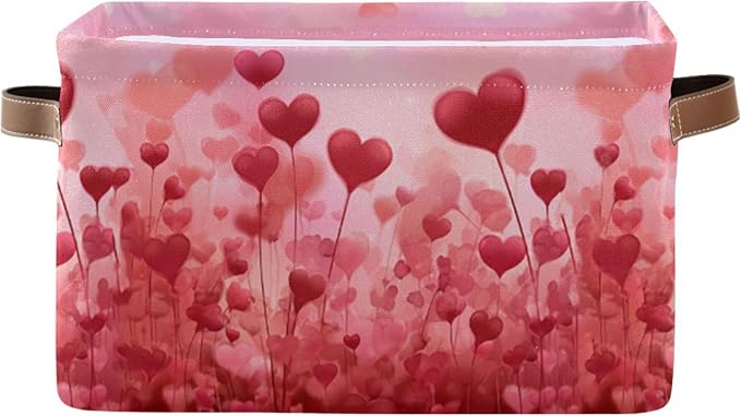 Wamika Happy Valentine’s Day Pink Storage Basket with Waterproof Liner and PU Handles Love Trees Heart Flowers Red Storage Boxes 14.2" Collapsible Decorative Baskets for Bedroom Closet Office 1 Pack