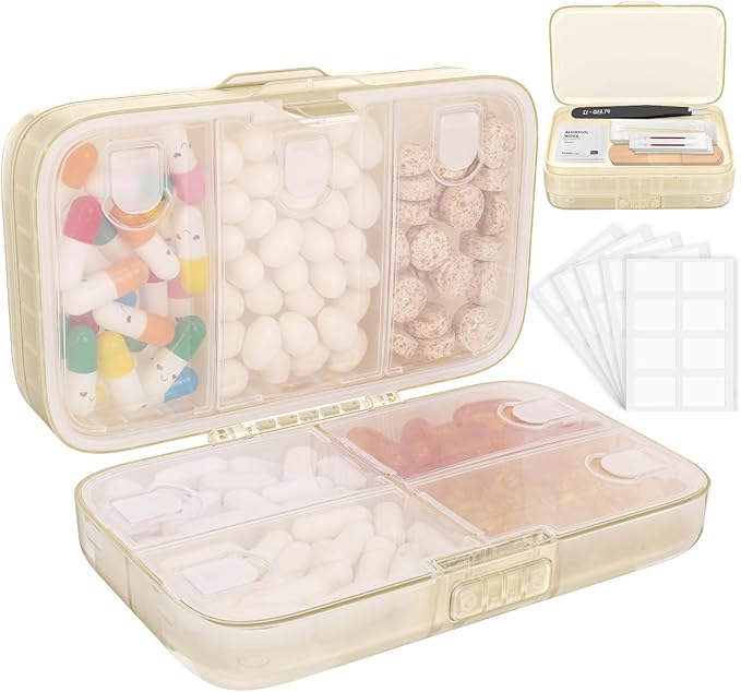 FYY Travel Pill Organizer, Large Weekly Medicine Pill Organizer-Beige | Airtight Moistureproof Medicine Case, Easy to Use, 8 Compartment Pill Box for Vitamins, Fish Oil, Supplements, Mini First Aid