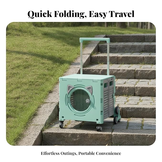Outdoor Travel Cart Foldable Pet Trolley Carrier Crate with Front Viewing Port and Secure Enclosure with Height, Array, Khaki, Eight-Wheel Climbing Model