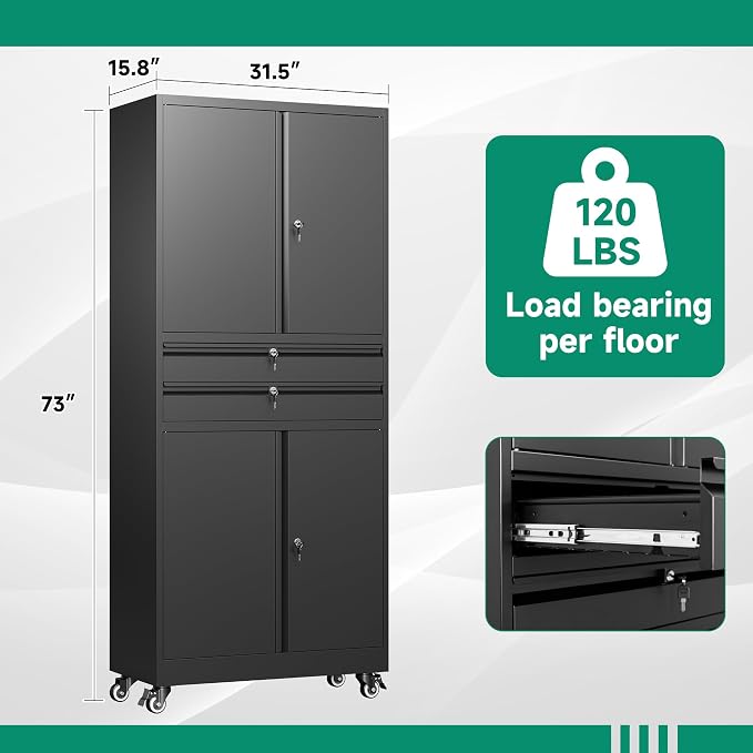 Metal Garage Storage Cabinet with Wheels,Rolling Tool Cabinet with 4 Door Lock-Adjustable Shelves and 2 Drawer for Garage Home Office Utility Room (Black with Wheels)