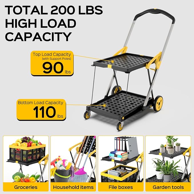 TOLRET Shopping Cart with Wheels, 200 lbs Capacity Grocery Cart on Wheels | Collapsible Shopping Cart with Storage Crate, Platform Hand Truck with Foot Brake, Yellow