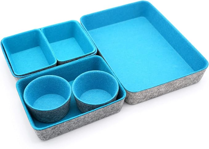 Welaxy Drawer organizers bins felt tray desk storage bins dividers small organizing box for office supplies closet cabinet makeup holder Fall room decor 7-piece (Turquoise)
