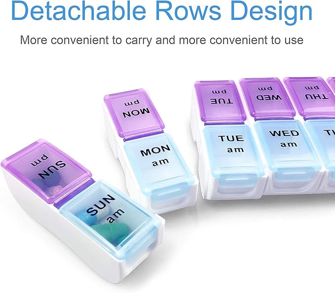 Twice a Day Detachable Weekly Pill Organizer with AM/PM Compartments Large, BPA Free Travel 7 Day Pill Box Case with Moisture-Proof Design