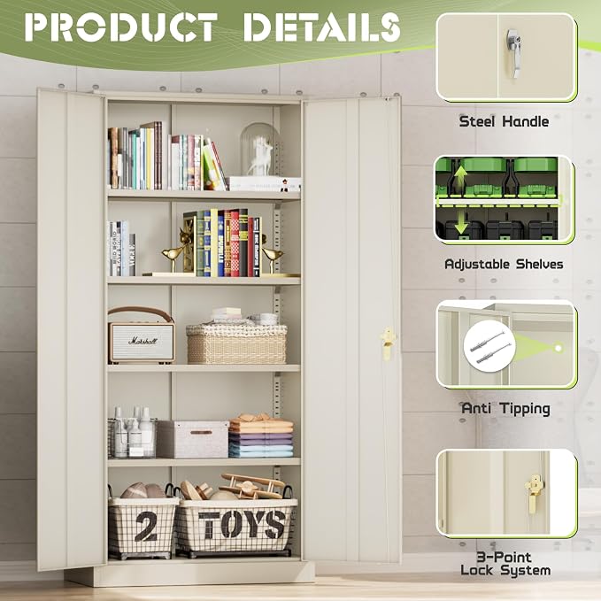 Crownland 72" Metal Storage Cabinet, Lockable Garage Storage Cabinets, High Office Cabinet with Adjustable Shelves for Garage, Home Office, Pantry, File, Warm Gray
