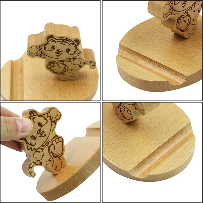 Cute Tiger Wooden Smartphone Desk Holder for All Mobile Phones with Anti-Slip Base and Groove for Phone