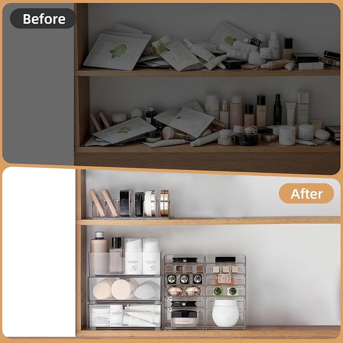 Narrow Medicine Cabinet Organizer with Drawer, Clear | Drawer for Easy Access, Smooth Pull-Out, Non-Slip, Fits Tight Spaces, Fits Vanity & Countertop, Sort Skincare & Cosmetics