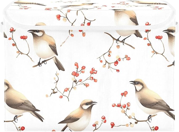 Cartoon Cedar Waxwing Birds White Storage Container Containers For Storage With Lid for Blanket Moving