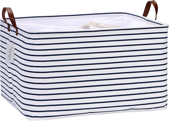 Hinwo 70L Extra Large Canvas Storage Bin with Lid and Handles | Collapsible Fabric Basket, Closet Shelf Organizer, Container for Clothing, Blankets, Toys, Bedding (Blue Stripe)