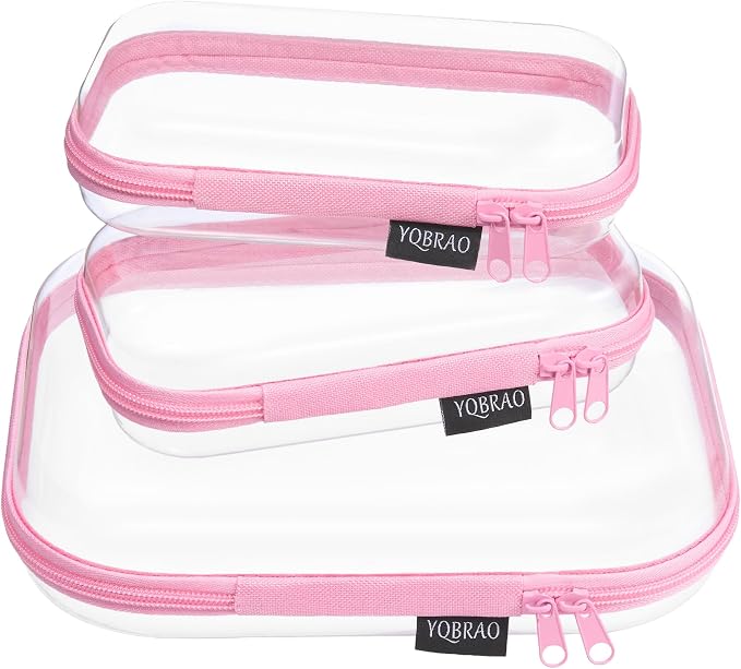 YQBRAO Clear Hard Shell Organizer Cases, 3-Pack, Pink | Rigid 1.2 mm clear PET organizers with multi-size design for toiletries, travel use, and everyday essentials