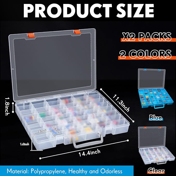 Juexica 2 Pcs 48 Grids Plastic Bead Organizer Box with Divider, Clear, Blue