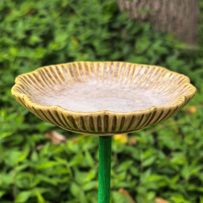 Ceramic Bird Bath Set of 2 with Fluted Bowl Stake, A | Decorative Glazed Water Basin for Patio Garden Balcony Display