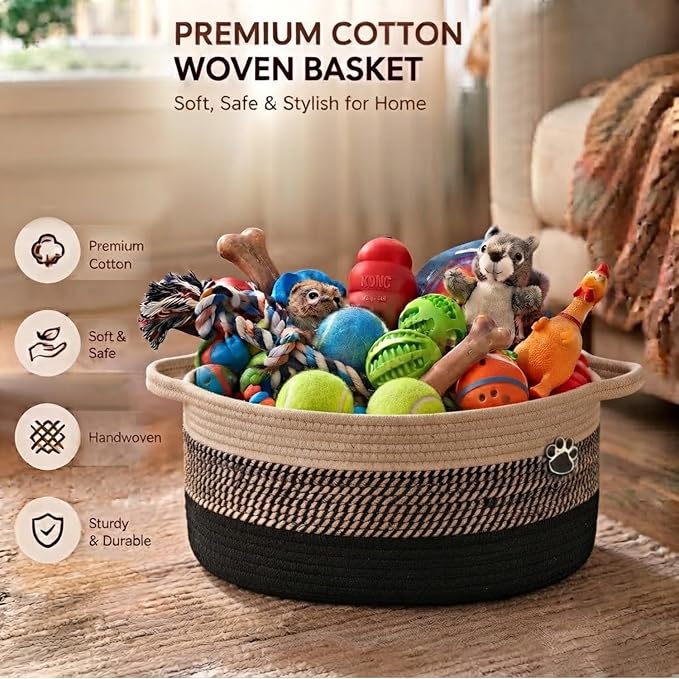 Dog Toys Storage Basket | Toy Box for Dog & Cat | 30L Woven Cotton Rope Bin, Cutout Handles, Pet-Safe | Organizer for Chew Toys, Blankets leashes, Toy holder | Foldable & Washable