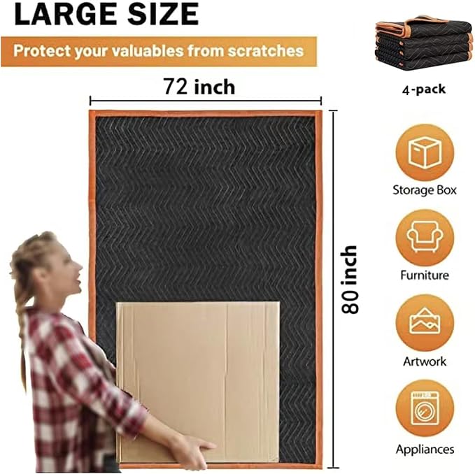 4 Pack Large Moving Blankets 80 * 72in Heavy Duty Packing Blankets for Furniture Moving Shipping Wrapping Quilted Furniture Pads for Moving, Padded Mover Blankets