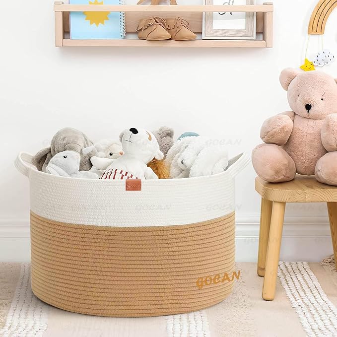 Cotton Rope Woven Laundry Basket 22"X 22"X 14" with handles(Jute/Beige)XXXL | Hand-woven, ideal for storing blankets and cushions in the living room, and clothes for household storage.