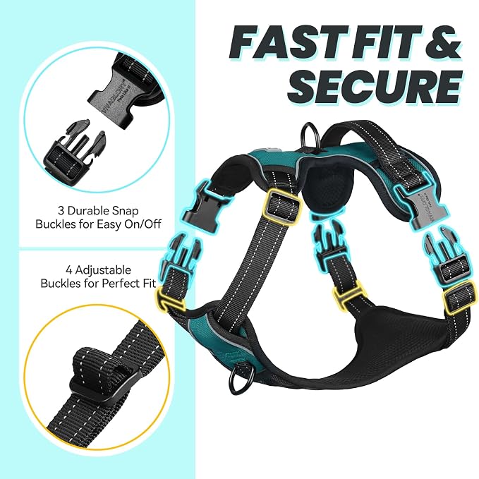 VIVAGLORY No Pull Dog Harness Vest Harness, L, Hunter Teal - Plain | with Handle Front and Back Clip for Training & Pulling, No Pull & Escape Proof Padded Adjustable for Pet Puppy