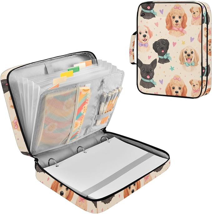 SUABO Pet Dog Love Stars Expanding File Folder Binder Bag | Accordion File Organizer with Zipper & Labels, 3 Ring Binder, Multi Pockets for Office School Home Portable Lightweight