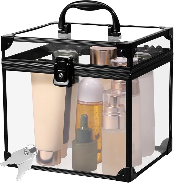 Makeup Organizer, Clear Makeup Train Case Cosmetic Box, Clear Crown Box Portable Cosmetics Toiletry Organizer Box Jewelry Storage Makeup Storage Box w Padlock and Keys for Vanity Bathroom