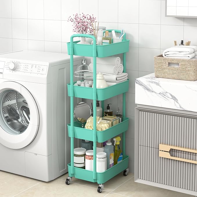 Sywhitta 4-Tier Plastic Rolling Utility Cart with Wheels for Storage,Green | Multi-Functional Storage Trolley, for Office, Living Room, Kitchen, Bathroom,Movable Organizer,Space-Saving,Easy to assemble
