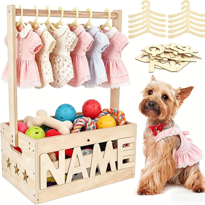13.5"x9.5"x20.1" Wooden Pet Wardrobe Closet with Hangers, Personalized Alphabet Letters & Sticker, Easy Assembly Crate for Dog/Cat Closet, Dog Closet Organizer for Toys Clothes and Accessories