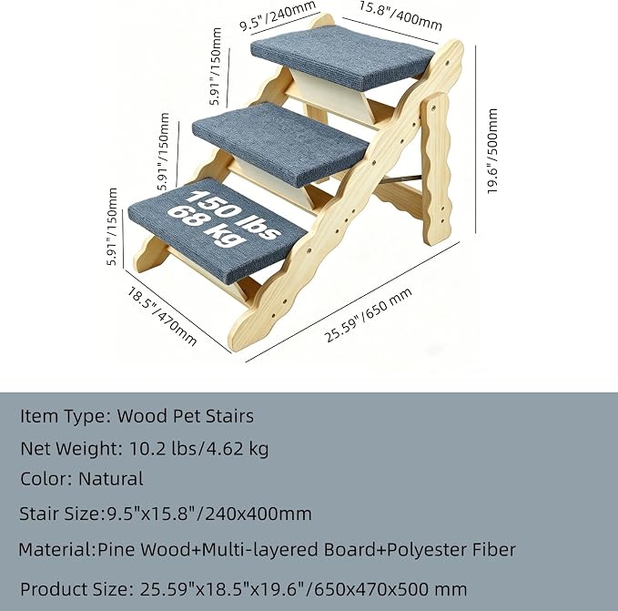 Wooden Pet Stairs, 2-in-1 Folded Pet Steps for Beds, Anti-Slip Dog Ramp with 3 Steps for Small Medium Large Pet, up to 150 lbs