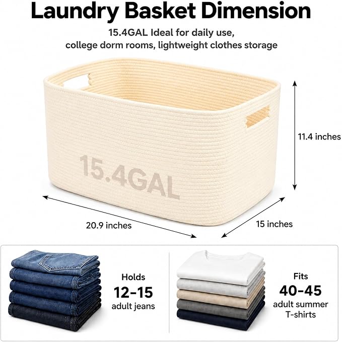 15.4GAL Woven Laundry Basket for Kids, Cute Boho Square storage basket for Living Room Decor, Baby Girls Boys Toys Stuffed Animal Decorative Short Hamper for Dirty Clothes, Bath Towel,Shoes Beige