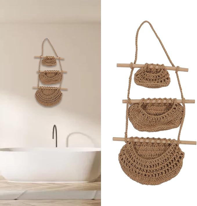 3 Tier Hanging Fruit Basket, Wall Mounted Hemp Rope and Wood Organizer, Handcrafted Over The Door Storage for Toys Pet Plush Dolls Kitchen Bathroom Living Room
