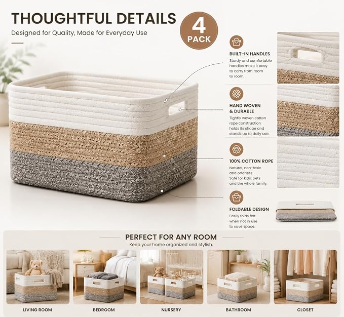 4 sets of hand-woven cotton rope storage boxes, suitable for toys, books, clothes, bathrooms, and car trunks used for organizing and decoration, Two 16x14x7 in and two 14x10x7 in