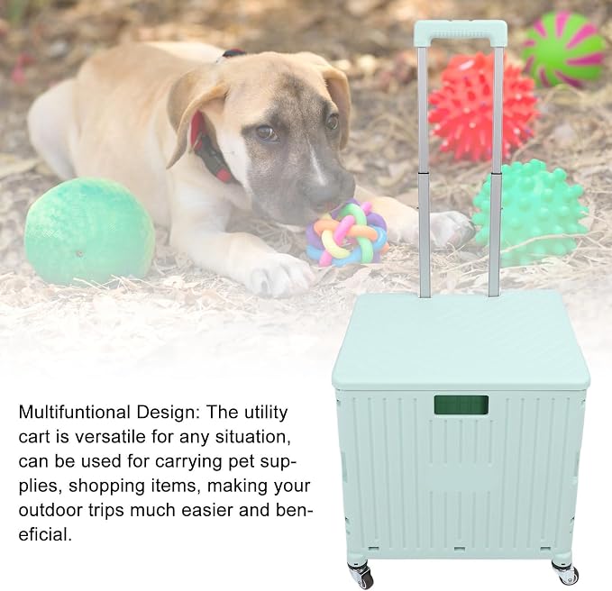 Folding Utility Cart, Portable Rolling Crate Handcart with Telescoping Handle, Large Capacity Storage Cart for Outdoor Shopping Travel, 15.75in x 14.17in x 39.37in (Green)