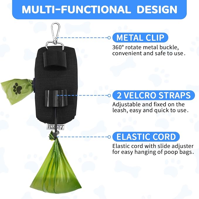 Dog Poop Bag Holder with Treat Pouch, 2 Zipper Pockets & Leash Clip | Waste Bag Dispenser with 1 Roll Poop Bags, Quick Access Treat Storage, Hands-Free Design for Dog Walking, Training & Travel