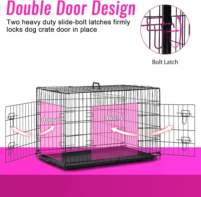 FDW | 48" Foldable Metal Dog Crate | Black | Cage for XL Dogs | Heavy Duty, Portable Wire Kennel with Double Door, Divider & Leak-Proof Tray | For Training, Home, Travel Indoor/Outdoor Use