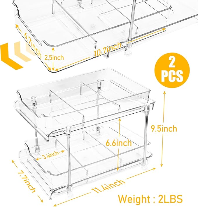 2 Pack Bathroom Storage Organizer with Dividers, 2-Tier Clear Vanity Counter Makeup Storage, Stackable Pull Out Under Sink Organizers for Bathroom Kitchen Pantry