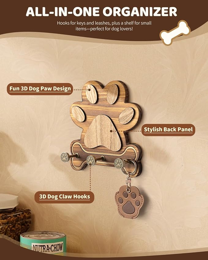 MTERSN Pine Wood Dog Leash Holder for Wall - Gift for Dog Lovers, Brown | 3D Dog Leash Hooks, Unique Dog Paw Shape Design, Ideal for Keys, Hats & Collars, 3 Wall Hooks, Key Holder for Cute Dog Stuff