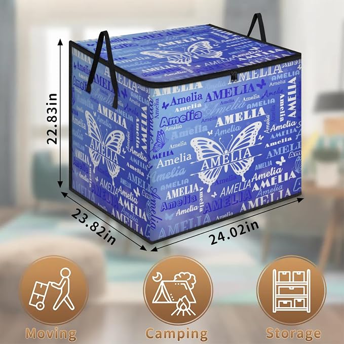Custom Storage Baskets Cubes for Home with Name, Large Foldable Organizer Collapsible Storage Bins for Home Blanket Comforters Clothes Closet Nursery, Gradient Blue Butterflies